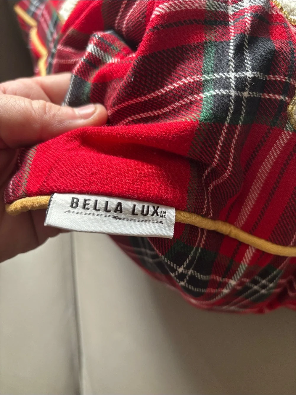 Bella Luxx Red Plaid Pillow with Cream Snowflake Appliqué